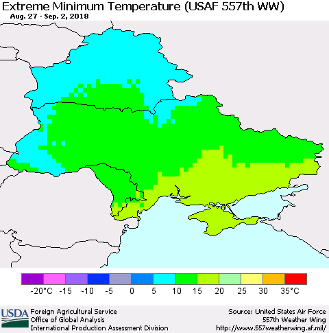 Ukraine, Moldova and Belarus Minimum Daily Temperature (USAF 557th WW) Thematic Map For 8/27/2018 - 9/2/2018