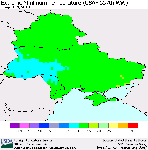 Ukraine, Moldova and Belarus Extreme Minimum Temperature (USAF 557th WW) Thematic Map For 9/3/2018 - 9/9/2018