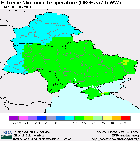 Ukraine, Moldova and Belarus Extreme Minimum Temperature (USAF 557th WW) Thematic Map For 9/10/2018 - 9/16/2018