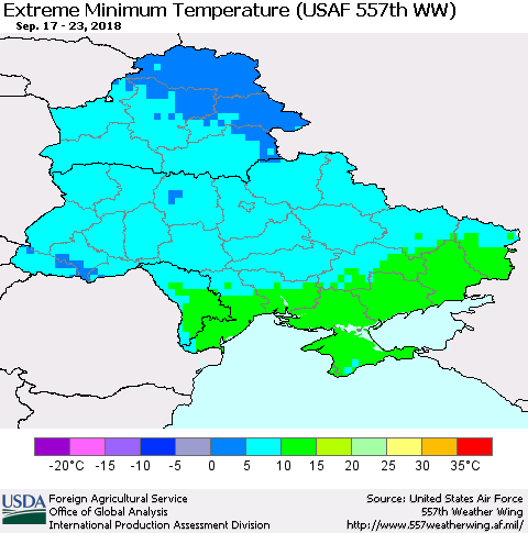 Ukraine, Moldova and Belarus Extreme Minimum Temperature (USAF 557th WW) Thematic Map For 9/17/2018 - 9/23/2018