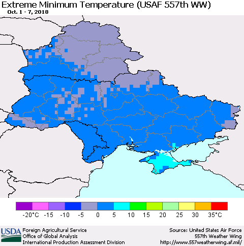 Ukraine, Moldova and Belarus Extreme Minimum Temperature (USAF 557th WW) Thematic Map For 10/1/2018 - 10/7/2018