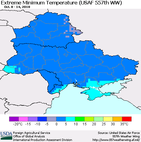 Ukraine, Moldova and Belarus Extreme Minimum Temperature (USAF 557th WW) Thematic Map For 10/8/2018 - 10/14/2018