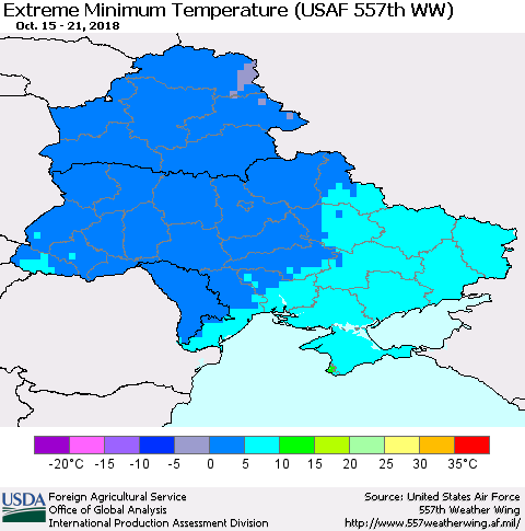 Ukraine, Moldova and Belarus Extreme Minimum Temperature (USAF 557th WW) Thematic Map For 10/15/2018 - 10/21/2018