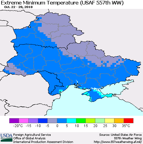 Ukraine, Moldova and Belarus Extreme Minimum Temperature (USAF 557th WW) Thematic Map For 10/22/2018 - 10/28/2018