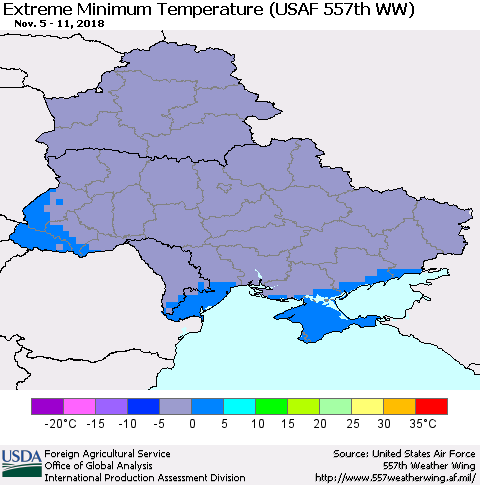 Ukraine, Moldova and Belarus Extreme Minimum Temperature (USAF 557th WW) Thematic Map For 11/5/2018 - 11/11/2018