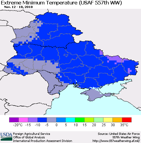 Ukraine, Moldova and Belarus Minimum Daily Temperature (USAF 557th WW) Thematic Map For 11/12/2018 - 11/18/2018