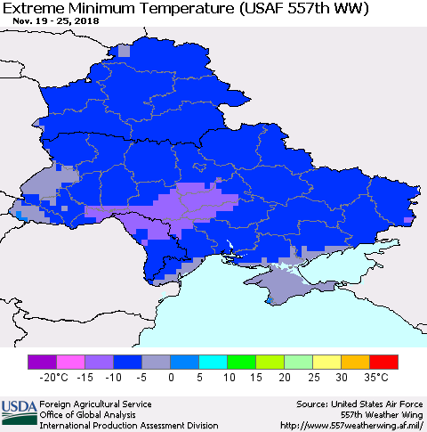 Ukraine, Moldova and Belarus Extreme Minimum Temperature (USAF 557th WW) Thematic Map For 11/19/2018 - 11/25/2018