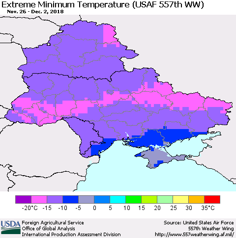 Ukraine, Moldova and Belarus Extreme Minimum Temperature (USAF 557th WW) Thematic Map For 11/26/2018 - 12/2/2018