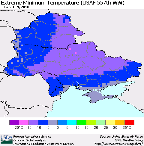 Ukraine, Moldova and Belarus Extreme Minimum Temperature (USAF 557th WW) Thematic Map For 12/3/2018 - 12/9/2018