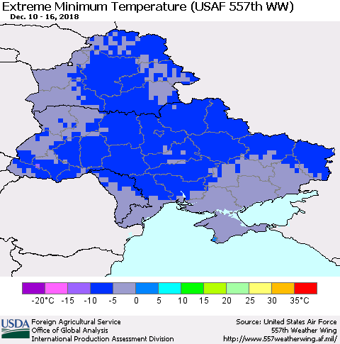 Ukraine, Moldova and Belarus Extreme Minimum Temperature (USAF 557th WW) Thematic Map For 12/10/2018 - 12/16/2018