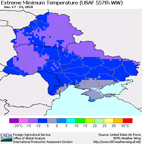 Ukraine, Moldova and Belarus Minimum Daily Temperature (USAF 557th WW) Thematic Map For 12/17/2018 - 12/23/2018