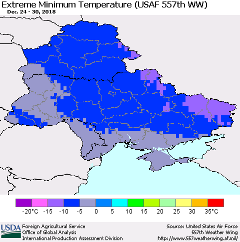 Ukraine, Moldova and Belarus Extreme Minimum Temperature (USAF 557th WW) Thematic Map For 12/24/2018 - 12/30/2018