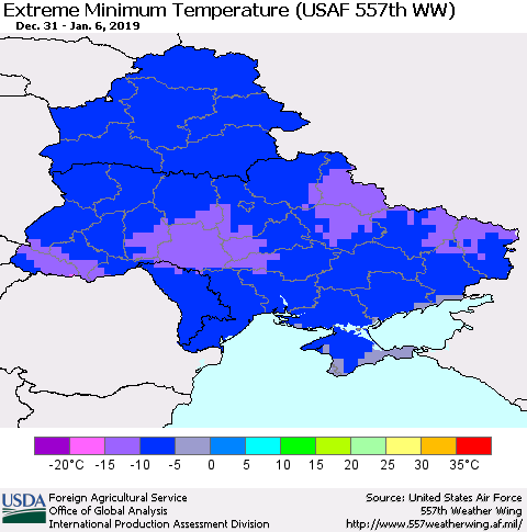 Ukraine, Moldova and Belarus Extreme Minimum Temperature (USAF 557th WW) Thematic Map For 12/31/2018 - 1/6/2019