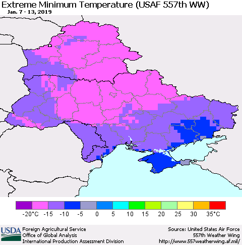 Ukraine, Moldova and Belarus Extreme Minimum Temperature (USAF 557th WW) Thematic Map For 1/7/2019 - 1/13/2019