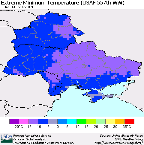 Ukraine, Moldova and Belarus Extreme Minimum Temperature (USAF 557th WW) Thematic Map For 1/14/2019 - 1/20/2019