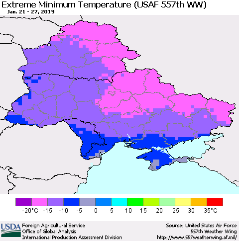 Ukraine, Moldova and Belarus Minimum Daily Temperature (USAF 557th WW) Thematic Map For 1/21/2019 - 1/27/2019