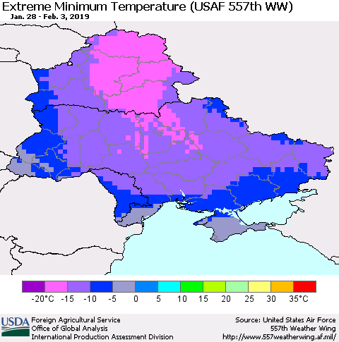 Ukraine, Moldova and Belarus Extreme Minimum Temperature (USAF 557th WW) Thematic Map For 1/28/2019 - 2/3/2019