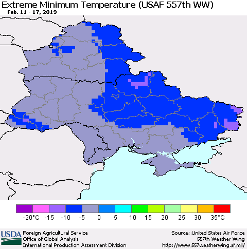 Ukraine, Moldova and Belarus Extreme Minimum Temperature (USAF 557th WW) Thematic Map For 2/11/2019 - 2/17/2019