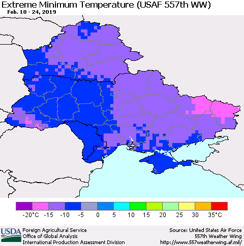 Ukraine, Moldova and Belarus Extreme Minimum Temperature (USAF 557th WW) Thematic Map For 2/18/2019 - 2/24/2019