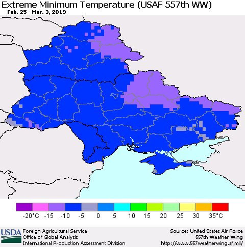 Ukraine, Moldova and Belarus Extreme Minimum Temperature (USAF 557th WW) Thematic Map For 2/25/2019 - 3/3/2019