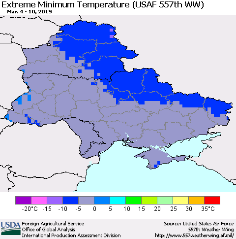 Ukraine, Moldova and Belarus Extreme Minimum Temperature (USAF 557th WW) Thematic Map For 3/4/2019 - 3/10/2019