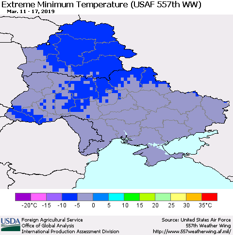 Ukraine, Moldova and Belarus Extreme Minimum Temperature (USAF 557th WW) Thematic Map For 3/11/2019 - 3/17/2019