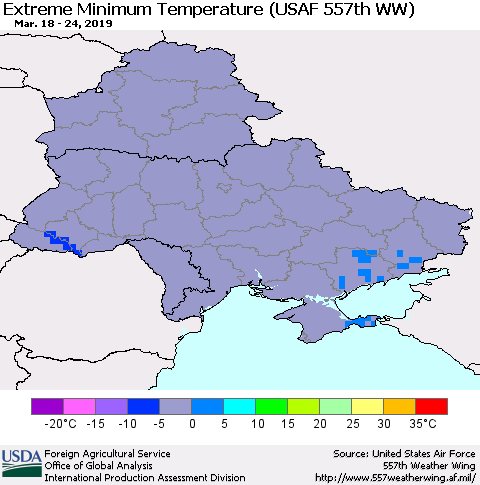 Ukraine, Moldova and Belarus Extreme Minimum Temperature (USAF 557th WW) Thematic Map For 3/18/2019 - 3/24/2019