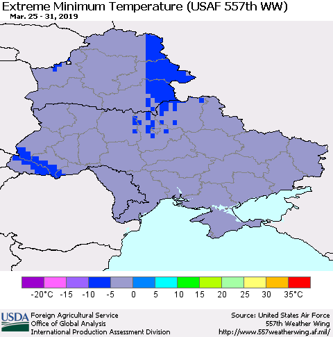 Ukraine, Moldova and Belarus Extreme Minimum Temperature (USAF 557th WW) Thematic Map For 3/25/2019 - 3/31/2019
