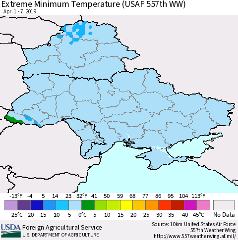 Ukraine, Moldova and Belarus Minimum Daily Temperature (USAF 557th WW) Thematic Map For 4/1/2019 - 4/7/2019
