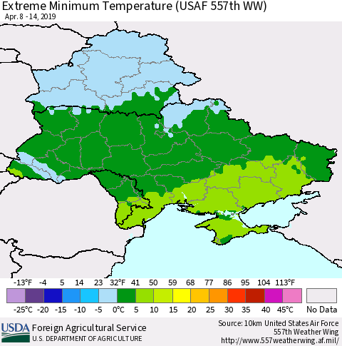 Ukraine, Moldova and Belarus Extreme Minimum Temperature (USAF 557th WW) Thematic Map For 4/8/2019 - 4/14/2019