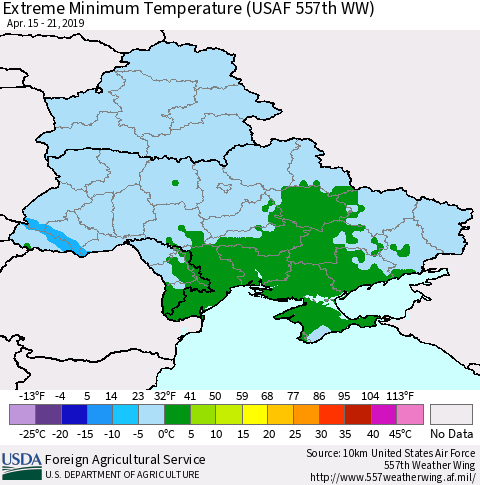 Ukraine, Moldova and Belarus Extreme Minimum Temperature (USAF 557th WW) Thematic Map For 4/15/2019 - 4/21/2019
