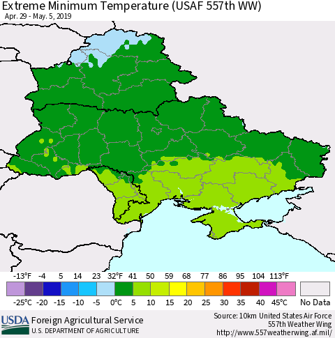 Ukraine, Moldova and Belarus Extreme Minimum Temperature (USAF 557th WW) Thematic Map For 4/29/2019 - 5/5/2019