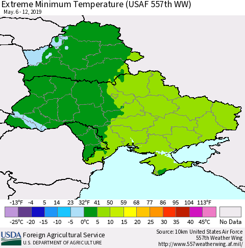 Ukraine, Moldova and Belarus Minimum Daily Temperature (USAF 557th WW) Thematic Map For 5/6/2019 - 5/12/2019