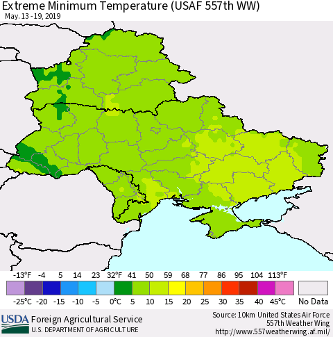 Ukraine, Moldova and Belarus Extreme Minimum Temperature (USAF 557th WW) Thematic Map For 5/13/2019 - 5/19/2019