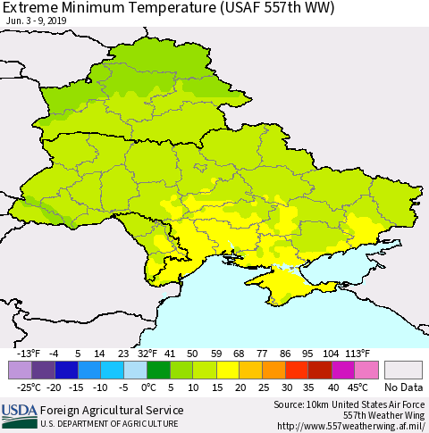 Ukraine, Moldova and Belarus Minimum Daily Temperature (USAF 557th WW) Thematic Map For 6/3/2019 - 6/9/2019