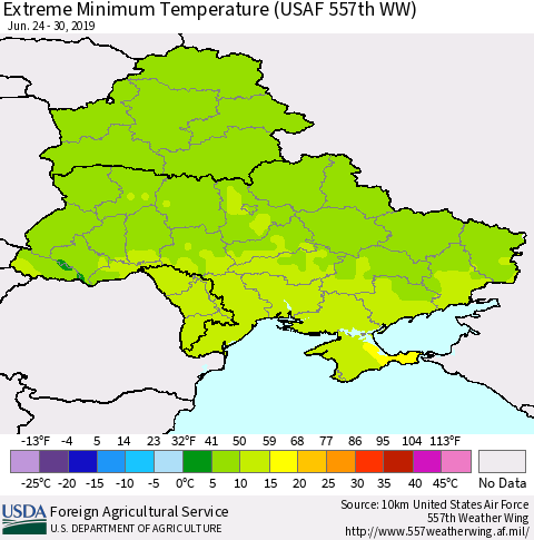 Ukraine, Moldova and Belarus Extreme Minimum Temperature (USAF 557th WW) Thematic Map For 6/24/2019 - 6/30/2019