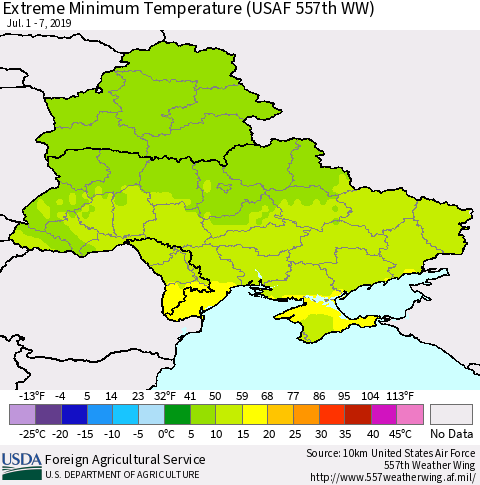 Ukraine, Moldova and Belarus Extreme Minimum Temperature (USAF 557th WW) Thematic Map For 7/1/2019 - 7/7/2019