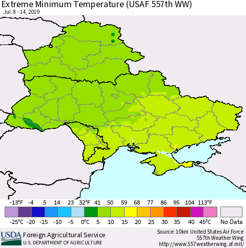 Ukraine, Moldova and Belarus Extreme Minimum Temperature (USAF 557th WW) Thematic Map For 7/8/2019 - 7/14/2019