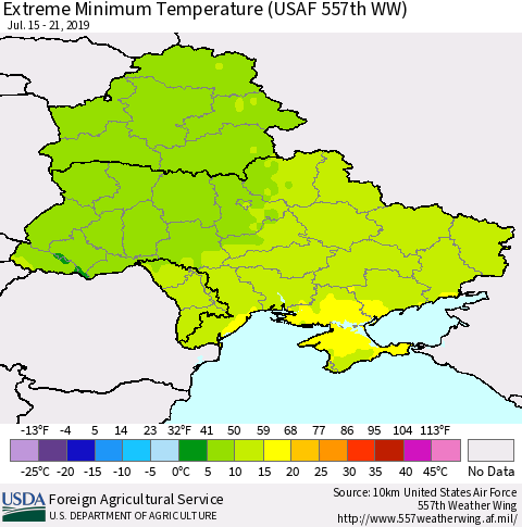 Ukraine, Moldova and Belarus Extreme Minimum Temperature (USAF 557th WW) Thematic Map For 7/15/2019 - 7/21/2019