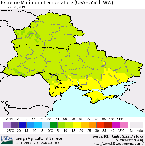 Ukraine, Moldova and Belarus Extreme Minimum Temperature (USAF 557th WW) Thematic Map For 7/22/2019 - 7/28/2019