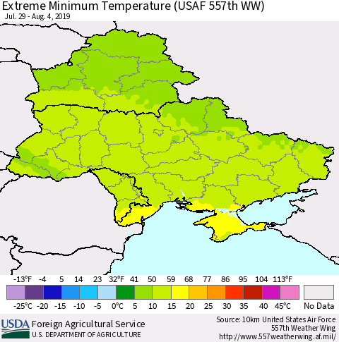 Ukraine, Moldova and Belarus Extreme Minimum Temperature (USAF 557th WW) Thematic Map For 7/29/2019 - 8/4/2019