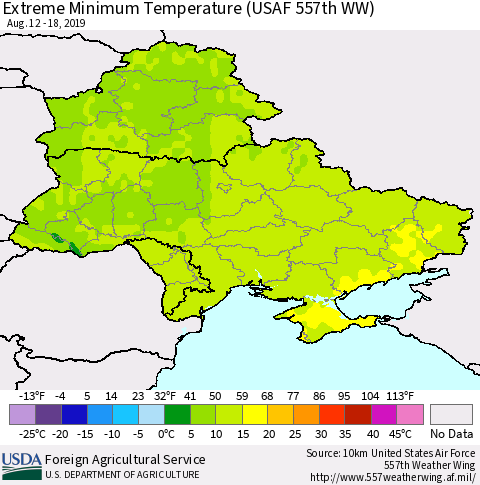 Ukraine, Moldova and Belarus Extreme Minimum Temperature (USAF 557th WW) Thematic Map For 8/12/2019 - 8/18/2019