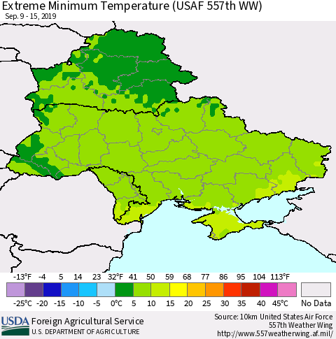 Ukraine, Moldova and Belarus Minimum Daily Temperature (USAF 557th WW) Thematic Map For 9/9/2019 - 9/15/2019