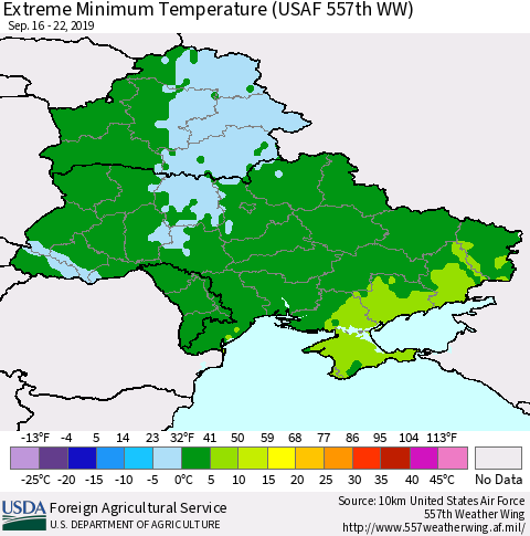 Ukraine, Moldova and Belarus Extreme Minimum Temperature (USAF 557th WW) Thematic Map For 9/16/2019 - 9/22/2019