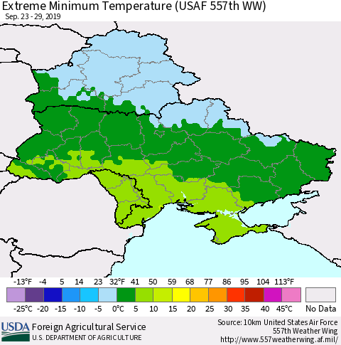 Ukraine, Moldova and Belarus Extreme Minimum Temperature (USAF 557th WW) Thematic Map For 9/23/2019 - 9/29/2019