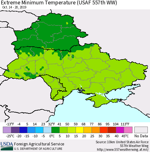 Ukraine, Moldova and Belarus Extreme Minimum Temperature (USAF 557th WW) Thematic Map For 10/14/2019 - 10/20/2019
