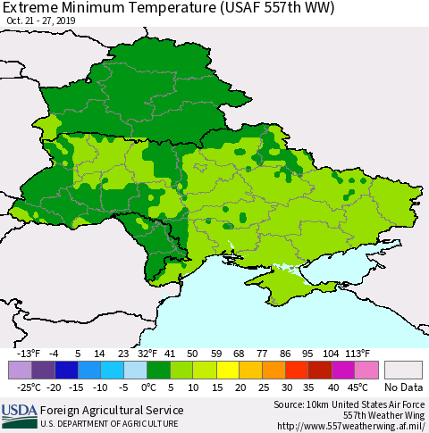 Ukraine, Moldova and Belarus Extreme Minimum Temperature (USAF 557th WW) Thematic Map For 10/21/2019 - 10/27/2019