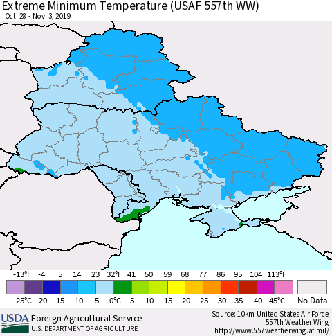 Ukraine, Moldova and Belarus Extreme Minimum Temperature (USAF 557th WW) Thematic Map For 10/28/2019 - 11/3/2019