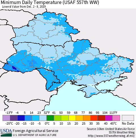 Ukraine, Moldova and Belarus Extreme Minimum Temperature (USAF 557th WW) Thematic Map For 12/2/2019 - 12/8/2019