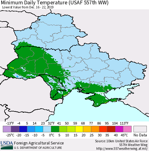 Ukraine, Moldova and Belarus Extreme Minimum Temperature (USAF 557th WW) Thematic Map For 12/16/2019 - 12/22/2019